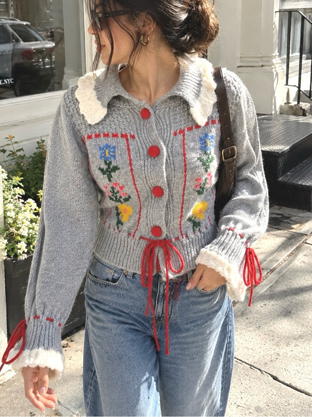 Zara Gray Floral Knit Cardigan Red Ties Ruffle Collar Cottagecore S